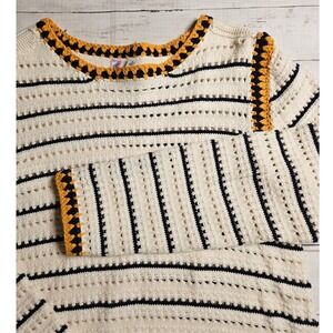 Alya‎ for Francescas Crochet Striped Sweater Cream Navy Yellow Small